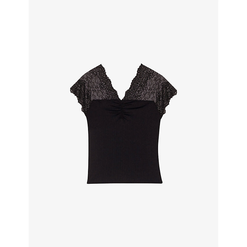  Maje Liliona lace-panel stretch-woven top