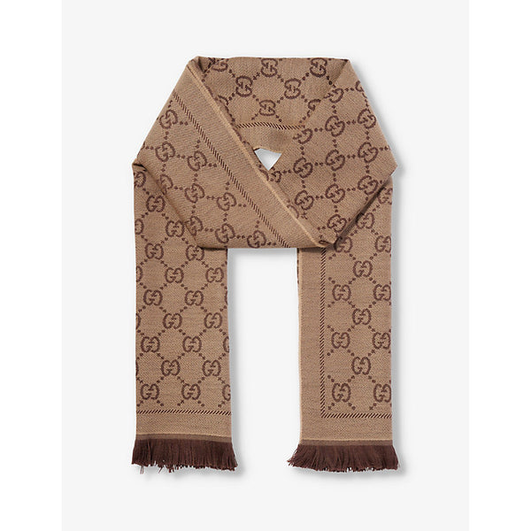 Gucci Monogram-pattern fringed-trim wool knitted scarf