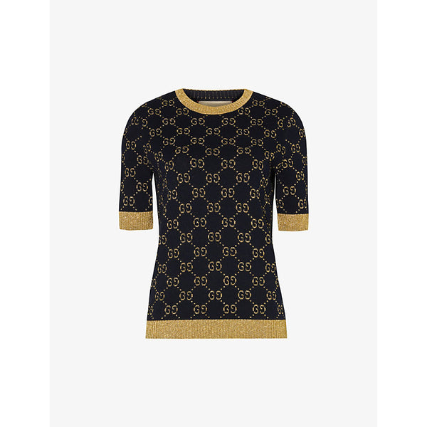 Gucci Monogram-pattern ribbed-trim cotton-blend knitted top