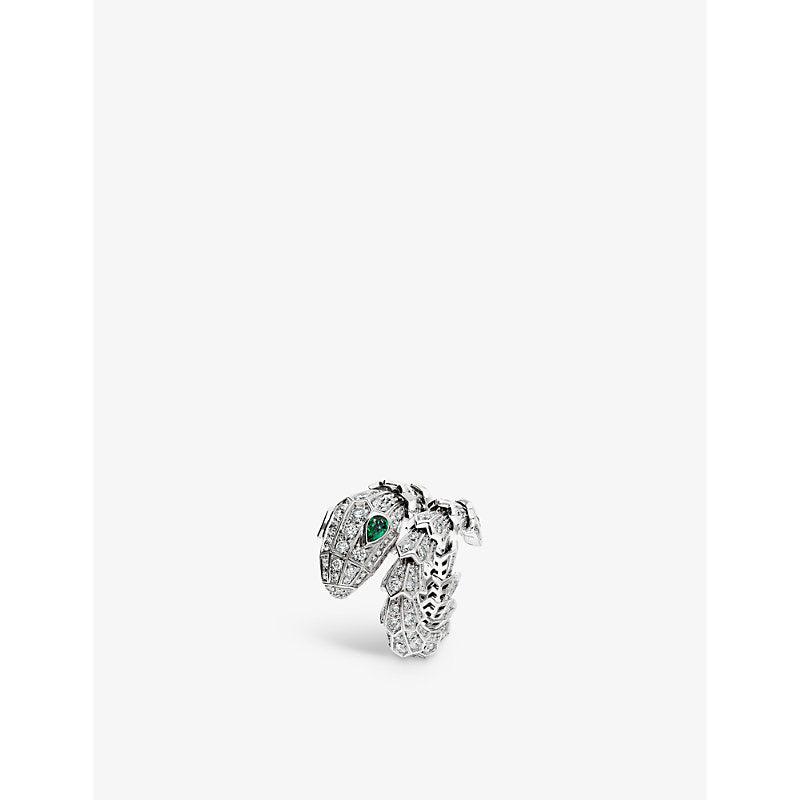 Bvlgari Serpenti Tubolari 18ct white-gold, 3.75ct brilliant-cut diamond and 0.26ct emerald ring