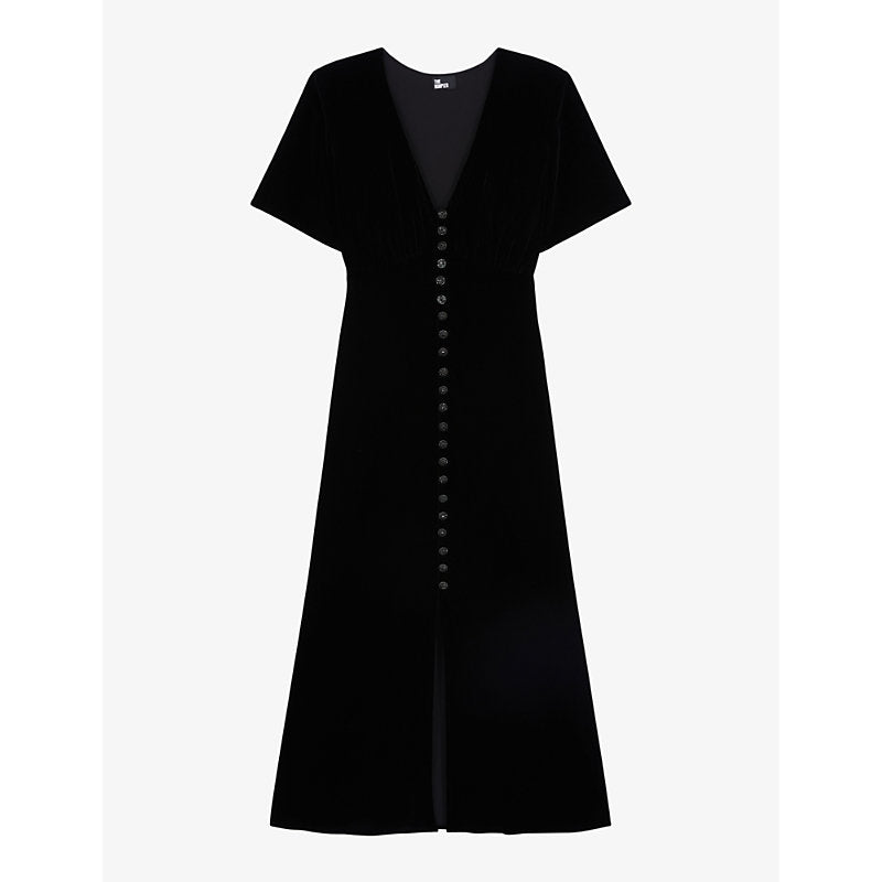 The Kooples V-neck fit-and-flare velvet midi dress | THE KOOPLES