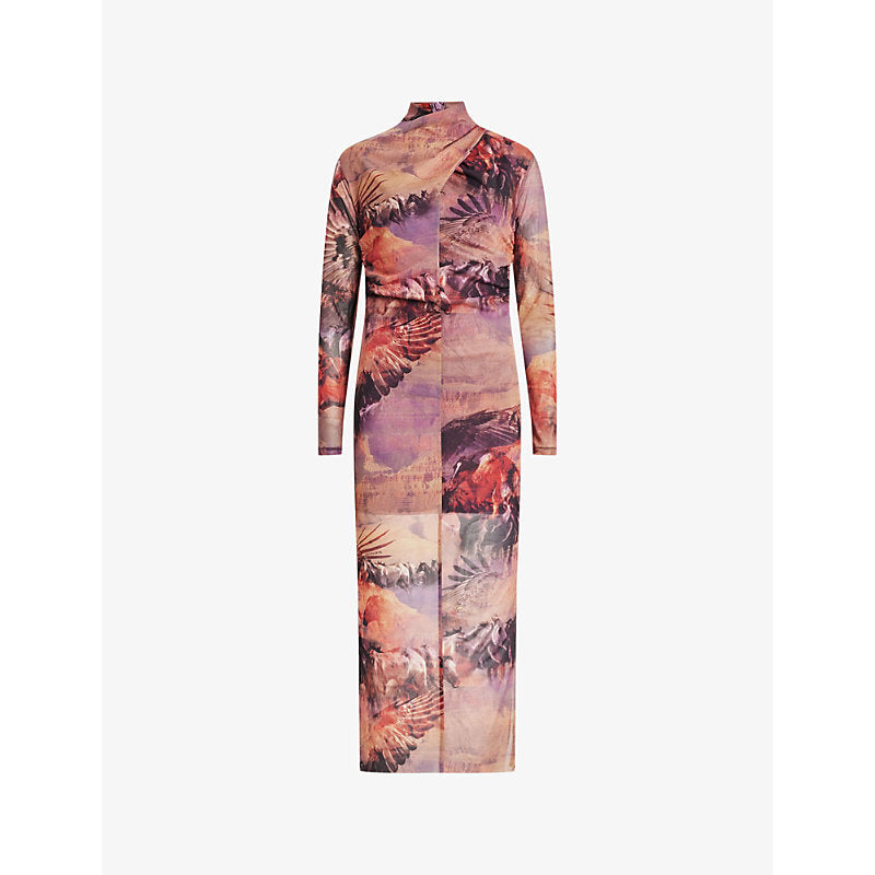 Allsaints Tia Colca floral-print stretch recycled-polyester-blend midi dress | ALLSAINTS