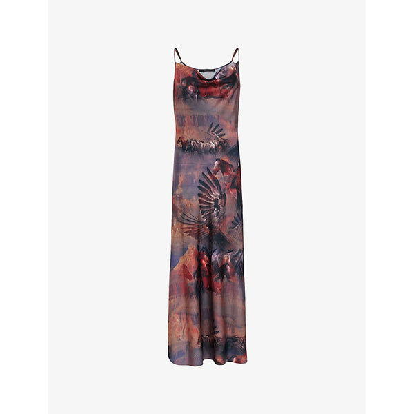 Allsaints Hadley graphic-print cowl-neck stretch recycled-polyester maxi dress | ALLSAINTS