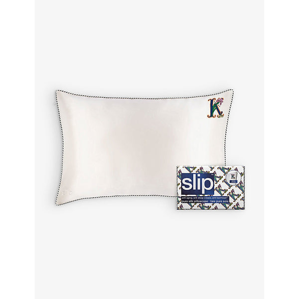 Slip Queen letter-embroidered silk pillowcase 51cm x 76cm