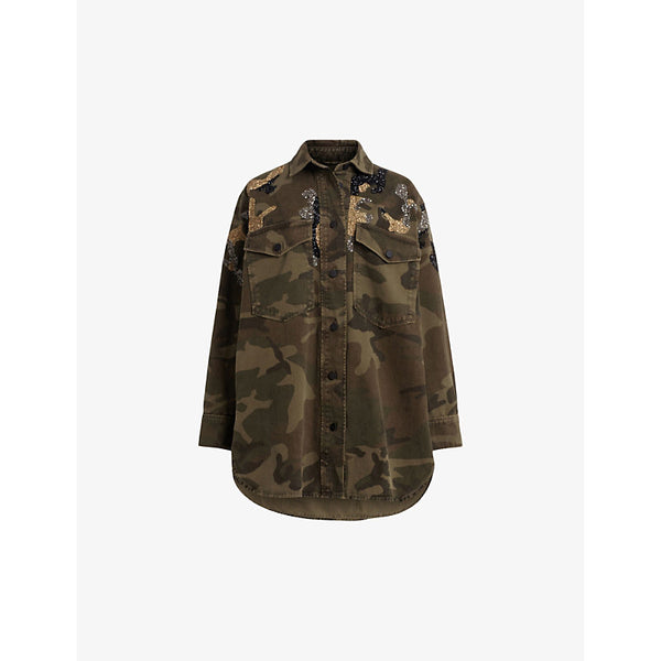 Allsaints Lily bead-embellished camouflage-print organic cotton-blend overshirt