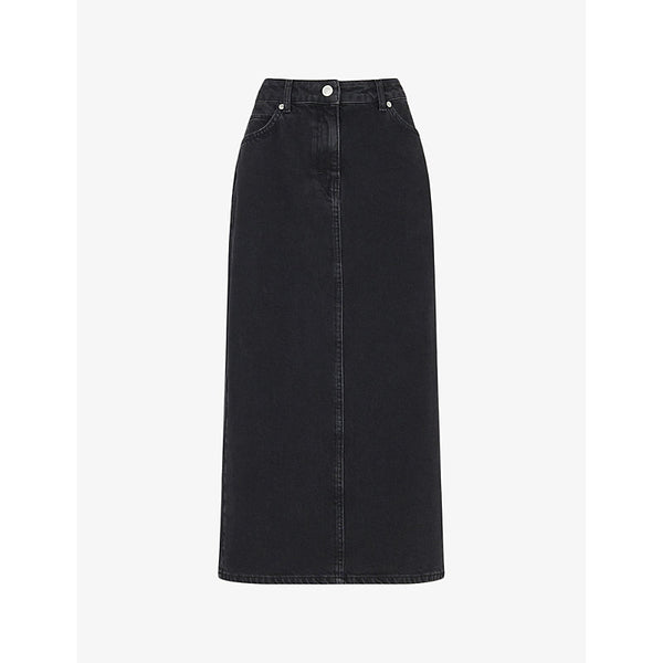 Whistles Faded-wash high-waist denim midi skirt