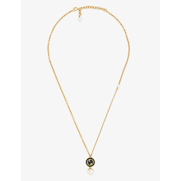 Gucci Blondie black-enamel interlocking-G and pearl gold-toned metal necklace