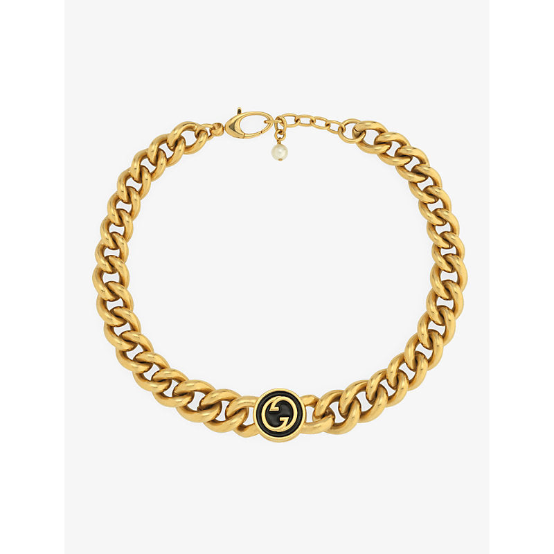  Gucci Blondie black-enamel interlocking-G gold-toned metal necklace