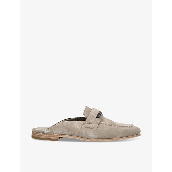 Brunello Cucinelli Bead-embellished backless suede penny loafers