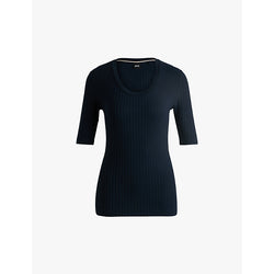  Boss Scoop-neck ribbed stretch-jersey top