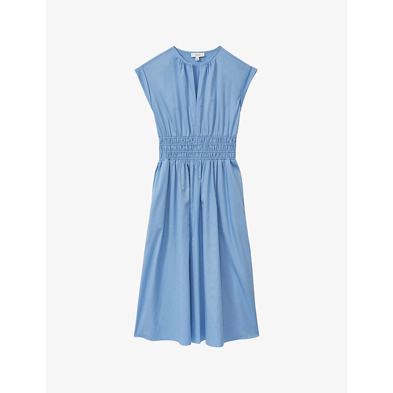 Reiss Lena ruched-waist cotton midi dress | REISS