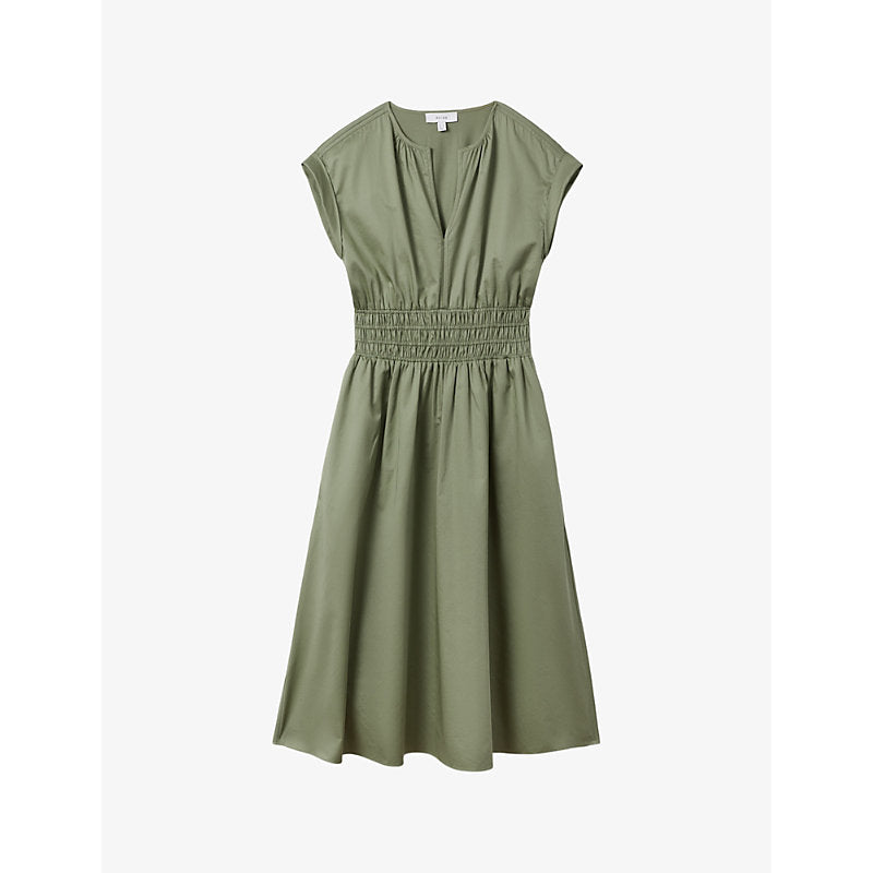 Reiss Lena ruched-waist cotton midi dress | REISS