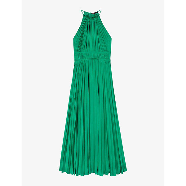 Maje Side-tie high-neck pleated satin maxi dress