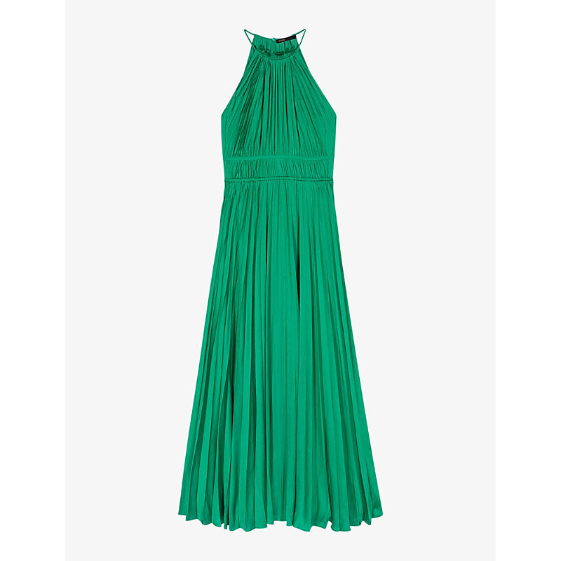 Maje Side-tie high-neck pleated satin maxi dress | MAJE