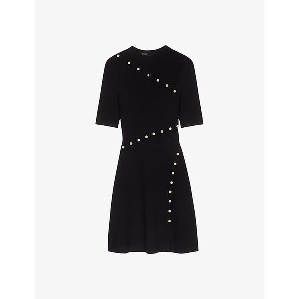 Maje Button-embellished asymmetric-hem stretch-knit mini dress