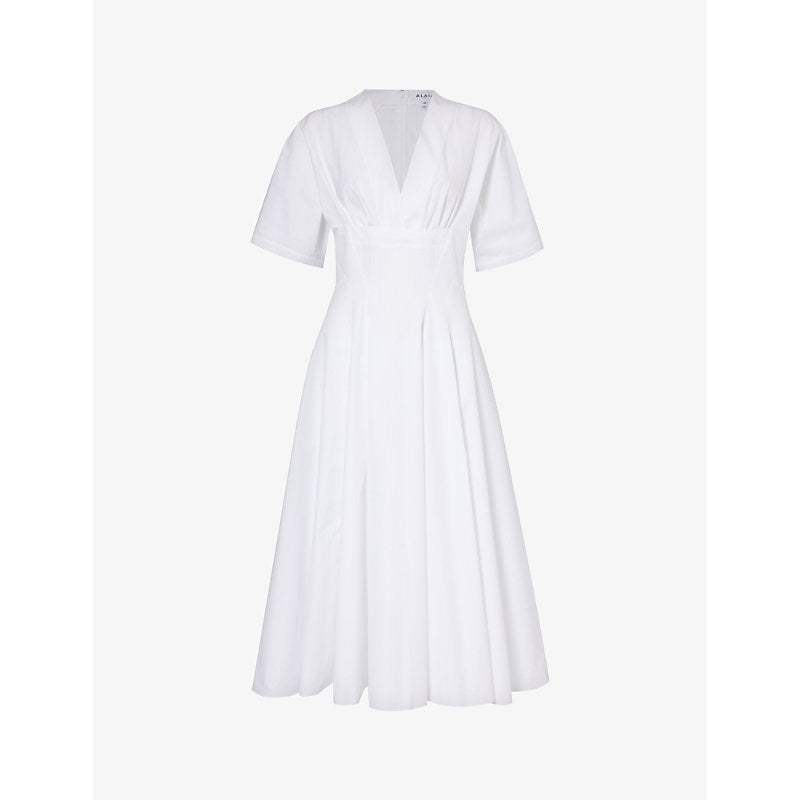 Alaia V-neck A-line cotton midi dress | ALAIA