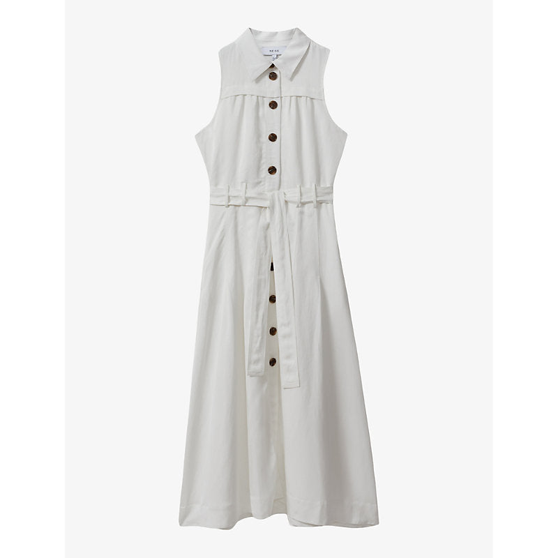 Reiss Heidi button-down belted-waist woven midi dress | REISS