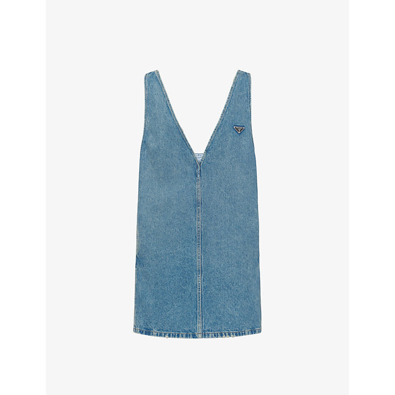 Prada V-neck low-back denim-chambray mini dress | PRADA