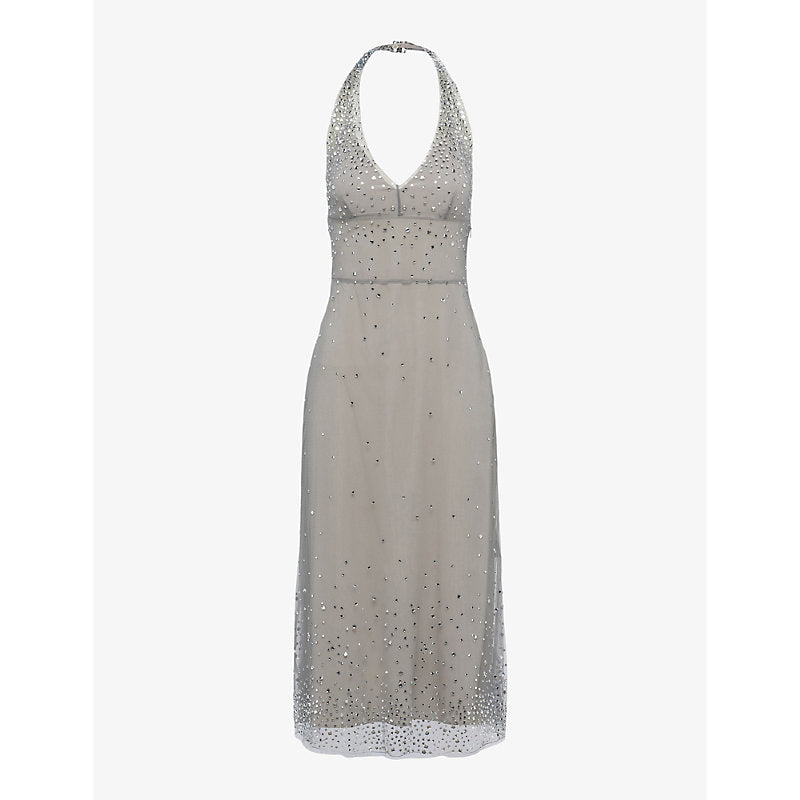 Prada Crystal-embellished halterneck tulle midi dress | PRADA