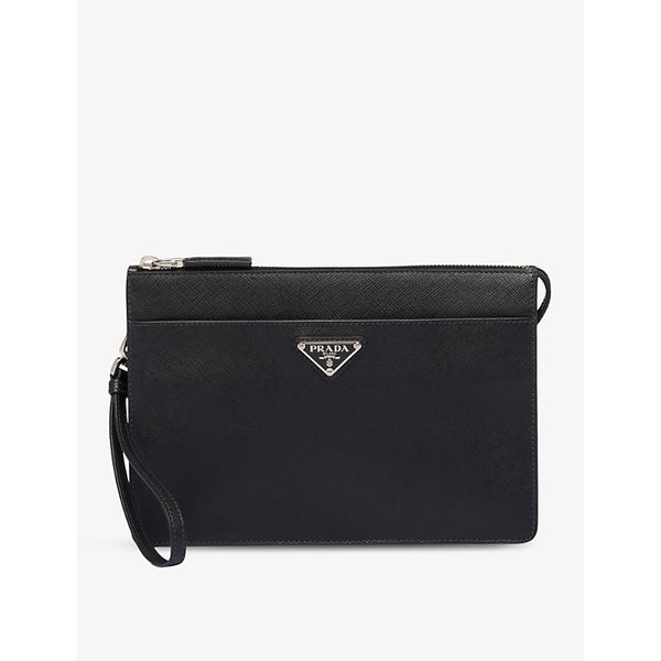 Prada Logo-plaque Saffiano-leather pouch | LYBSTORE