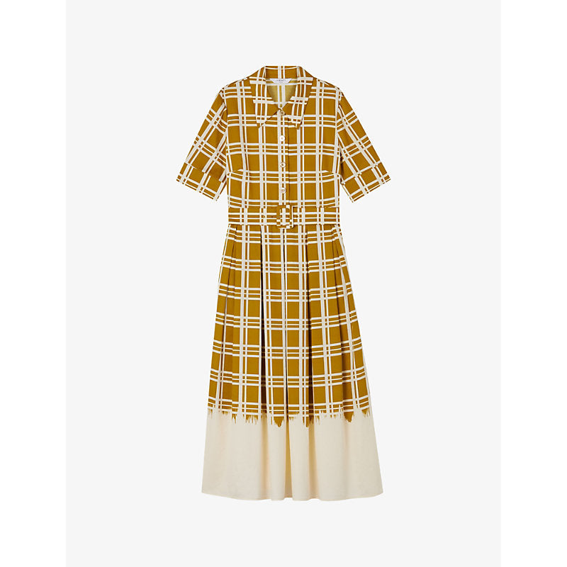 Lk Bennett Dora belted-waist checked organic-cotton midi dress | LK BENNETT