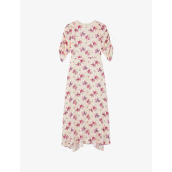 Lk Bennett Delilah bouquet-print ruched-sleeve silk midi dress | LK BENNETT