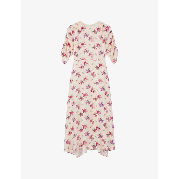 Lk Bennett Delilah bouquet-print ruched-sleeve silk midi dress | LK BENNETT