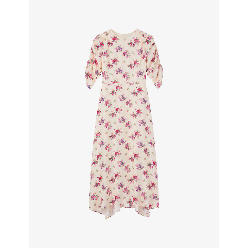 Lk Bennett Delilah bouquet-print ruched-sleeve silk midi dress | LK BENNETT