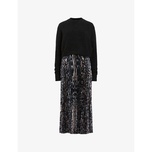 Allsaints Jinx leopard-print two-in-one wool and recycled-polyester midi dress