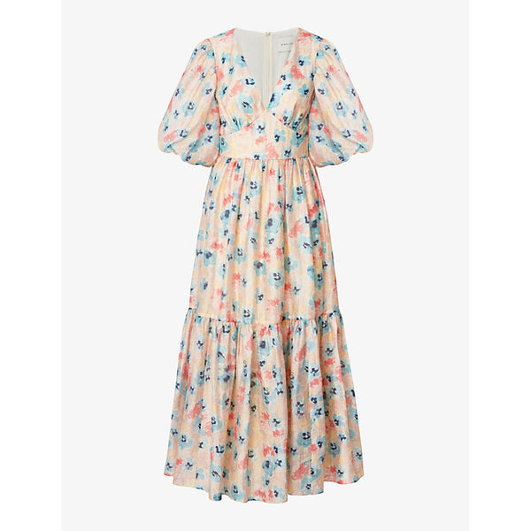 Malina Freya floral-print puff-sleeve linen-blend midi dress | MALINA