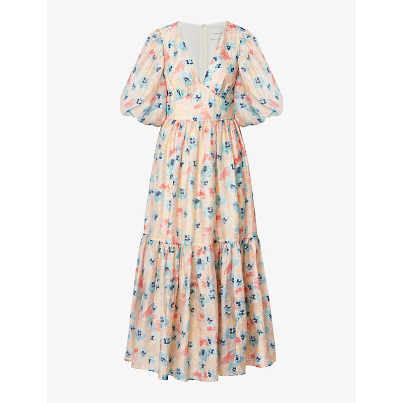 Malina Freya floral-print puff-sleeve linen-blend midi dress