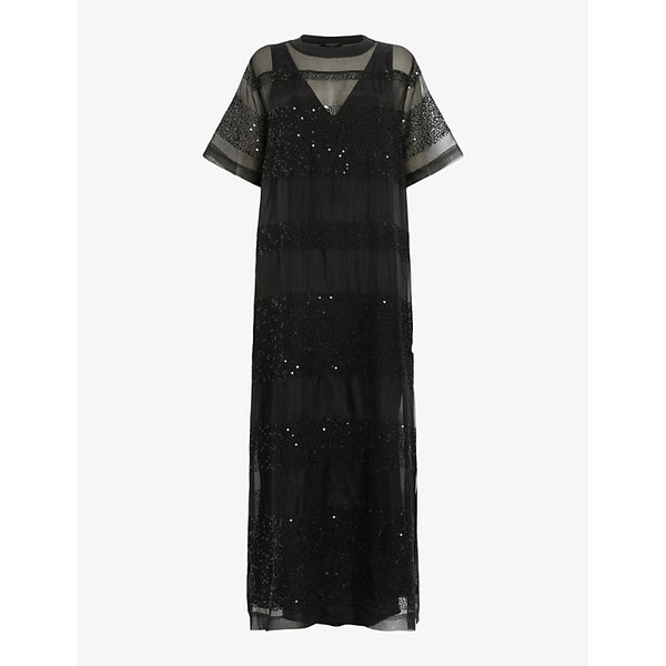 Allsaints Izabela sequin-embellished short-sleeve mesh maxi dress