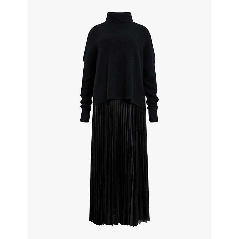 Allsaints Spark high-neck pleated-skirt wool-blend midi dress | ALLSAINTS