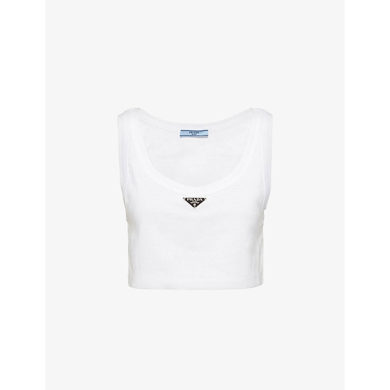  Prada Logo-plaque cropped cotton-jersey tank top