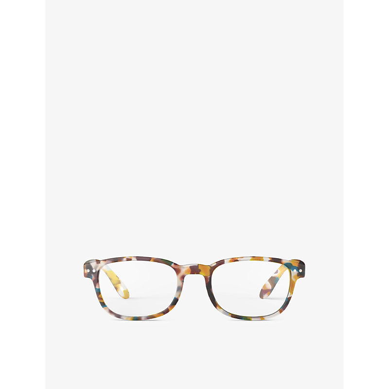 Mens Izipizi #B square-framed blue tortoise reading glasses