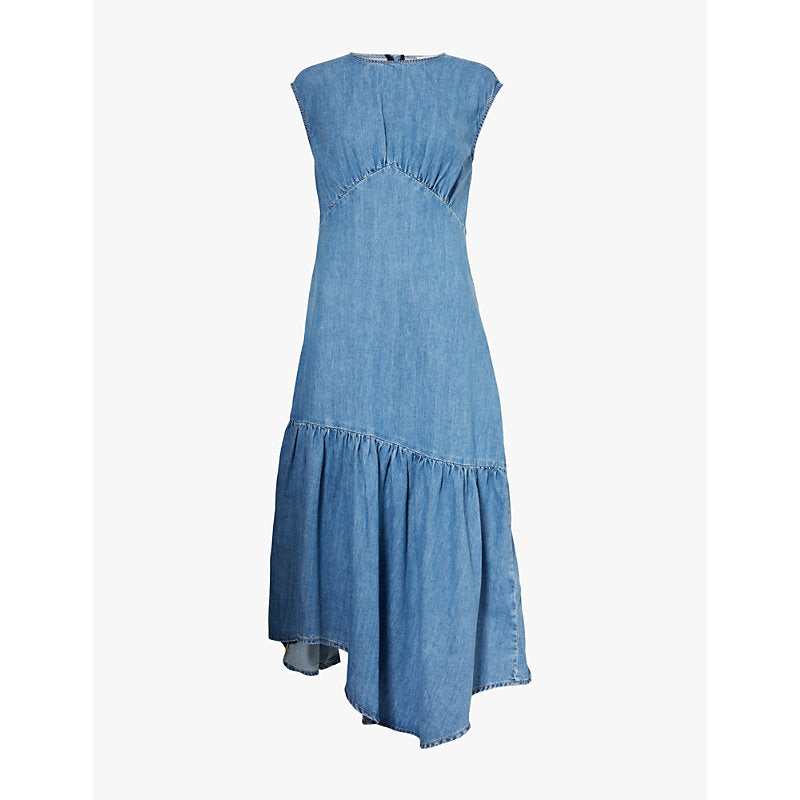 Frame Tiered-hem gathered denim midi dress | FRAME