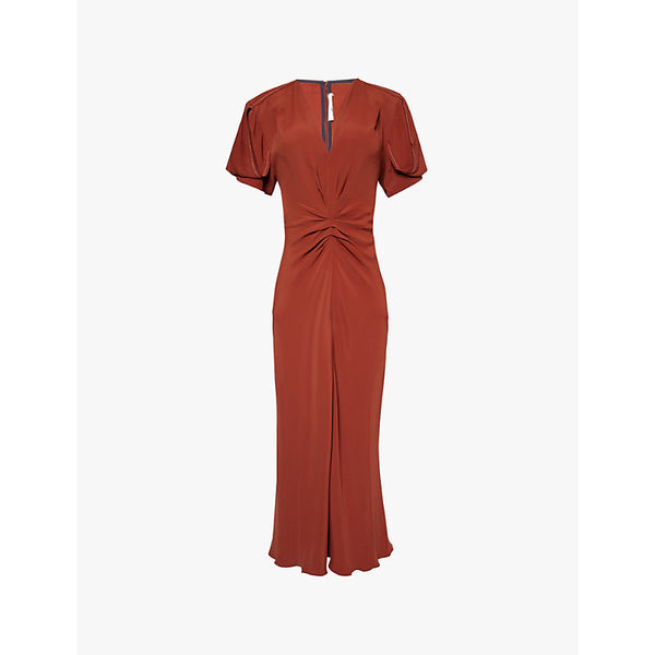 Victoria Beckham V-neck ruched-front crepe midi dress | VICTORIA BECKHAM