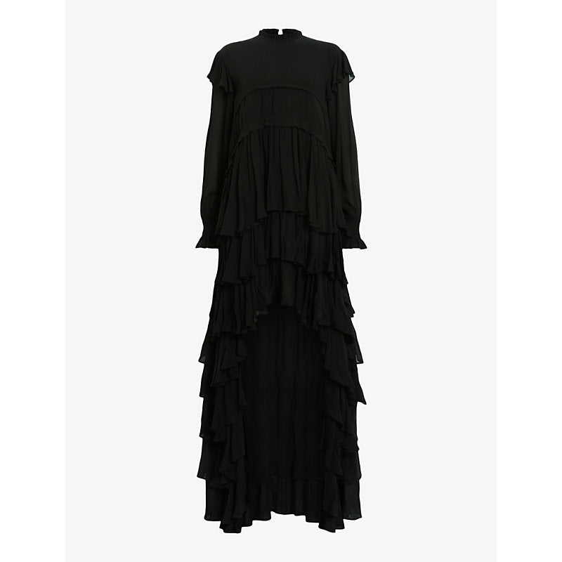 Allsaints Cavarly tiered-skirt long-sleeve woven maxi dress | ALLSAINTS