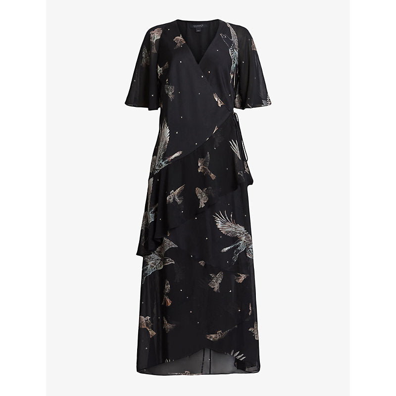 Allsaints Alana bird-print recycled polyester-blend midi dress