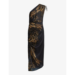 Allsaints Laura feather-print silk-blend maxi dress | ALLSAINTS