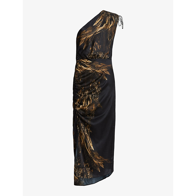 Allsaints Laura feather-print silk-blend maxi dress | ALLSAINTS