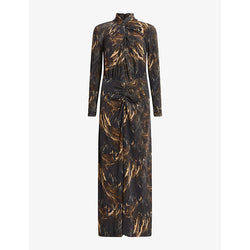 Allsaints Mina feather-print stretch-woven maxi dress | ALLSAINTS