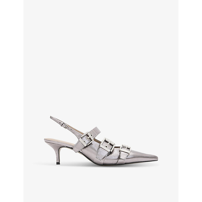 Allsaints Grace buckle-embellished metallic-leather slingback courts