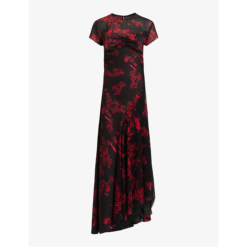 Allsaints Tasha floral-print asymmetric-hem woven midi dress | ALLSAINTS