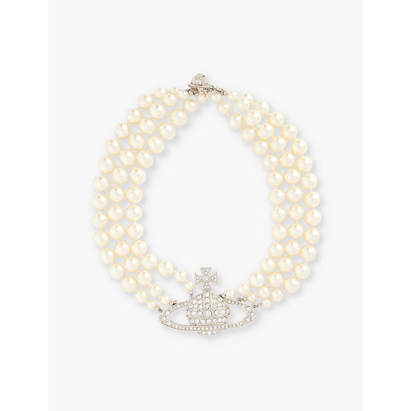 Vivienne Westwood Jewellery Three Row Bas Relief brass and Swarovski-pearl choker necklace