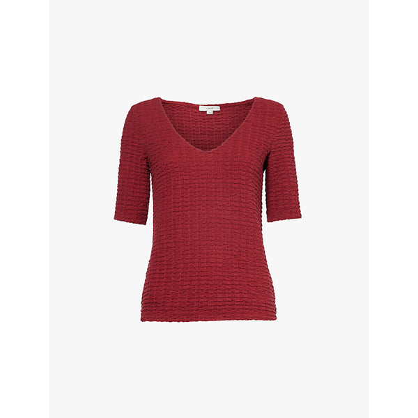  Vince Smocked V-neck stretch-woven blend top