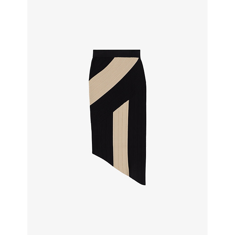  Reiss Jess colour-block asymmetric-hem knitted midi skirt