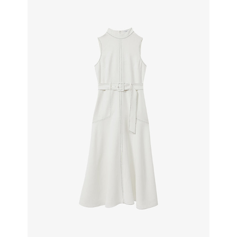 Reiss Thora high-neck belted-waist crepe midi dress | REISS