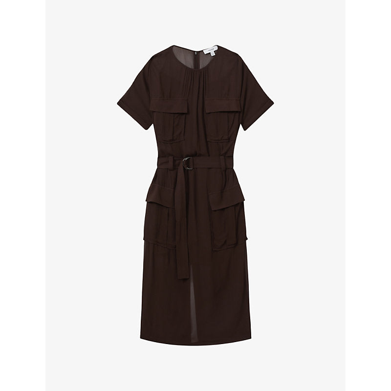 Reiss Essie pocket-embellished belted-waist woven midi dress | REISS