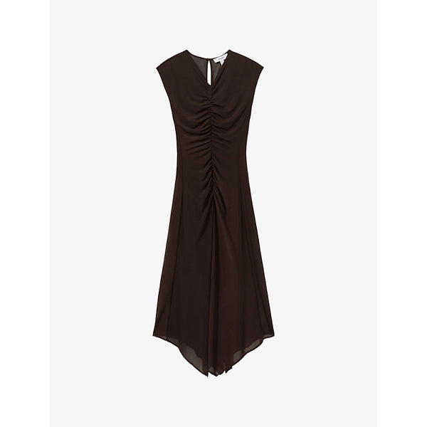  Reiss Lyra V-neck ruched-front stretch-mesh midi dress